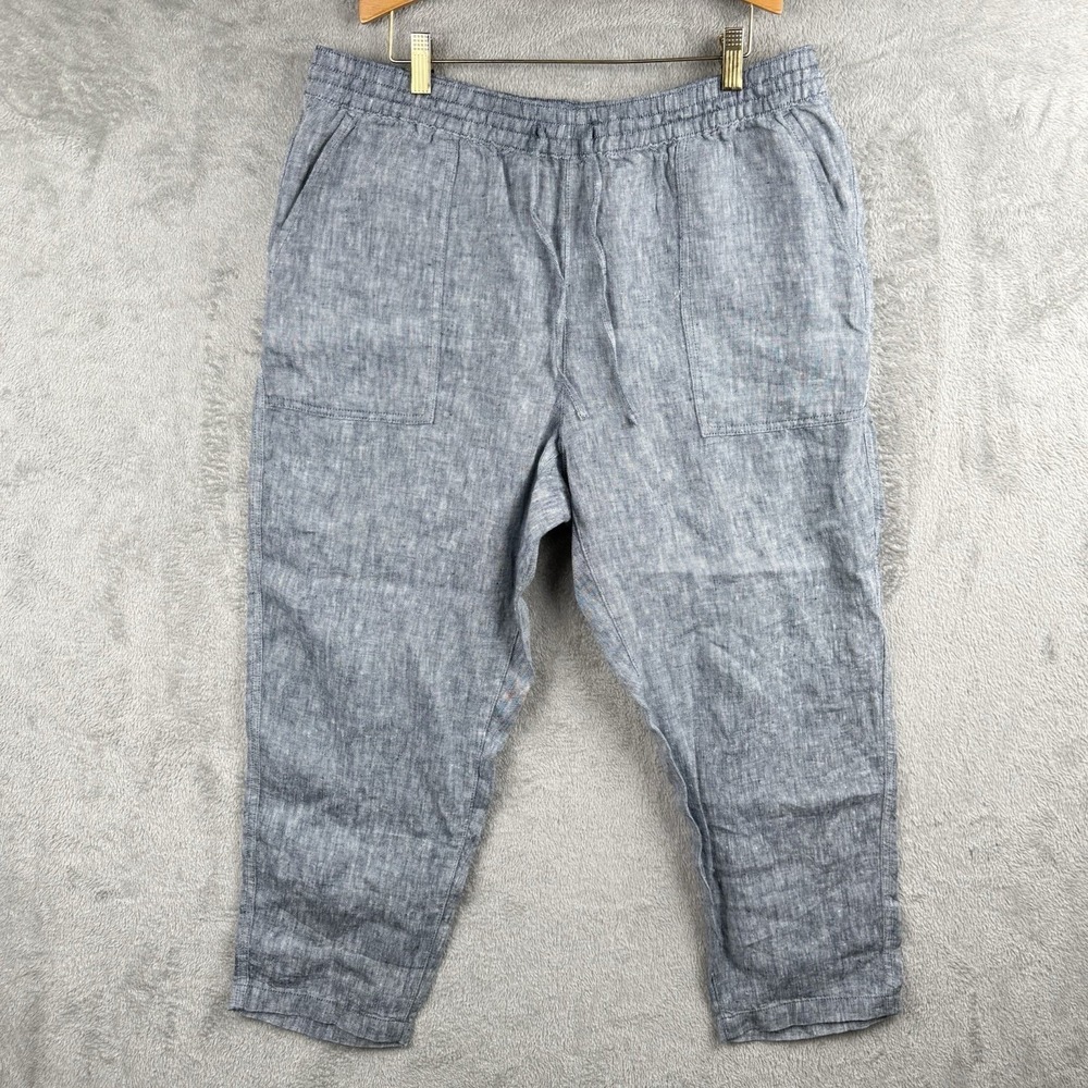 Lands' End Linen Pants Womens 14 Blue Crop Pull On Elastic Waist Coastal Beach